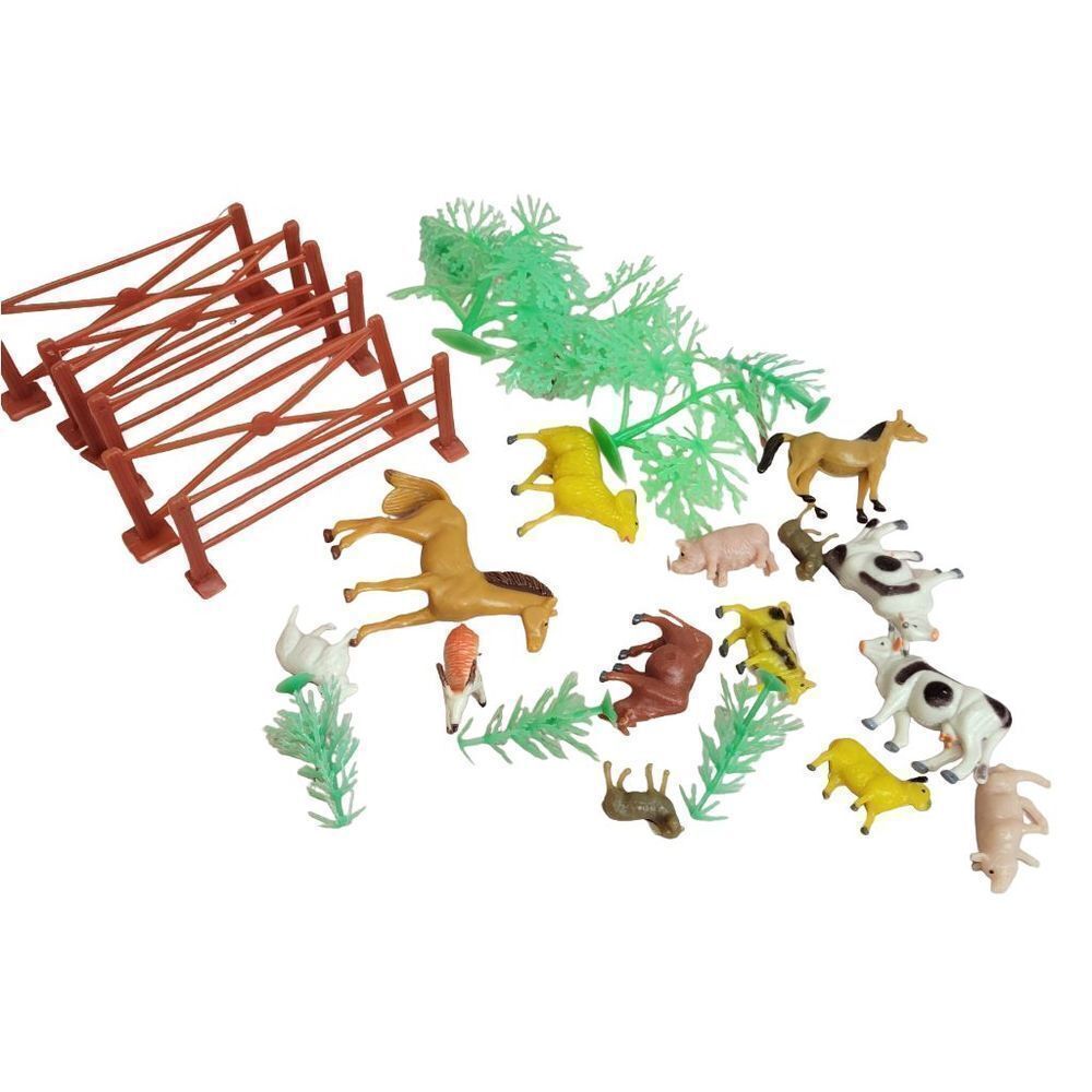 Farm animal play set with fencing and trees